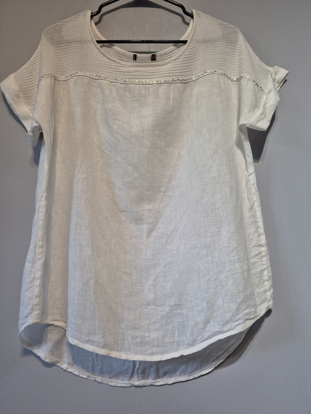 White Women's Short Sleeve Linen Blend Top with Embellished Yoke